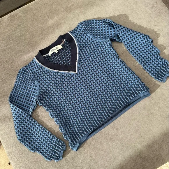 Diane Von Furstenberg Textured Crop Stretchy Blue V-Neck Sweater - Picture 9 of 9